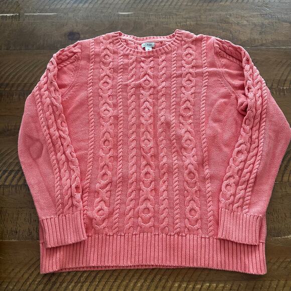 LL Bean Double Cable Knit Crew Neck Sweater Peach Pink Chunky Fisherman Style XL - Picture 6 of 9